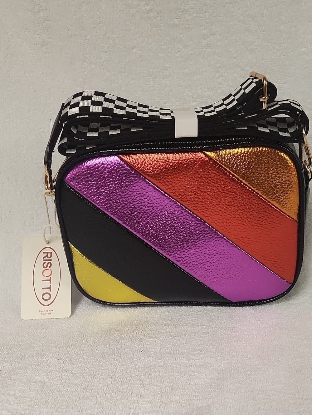 Black Crossbody Bag with Metallic Multi-Color Diagonal Stripes
